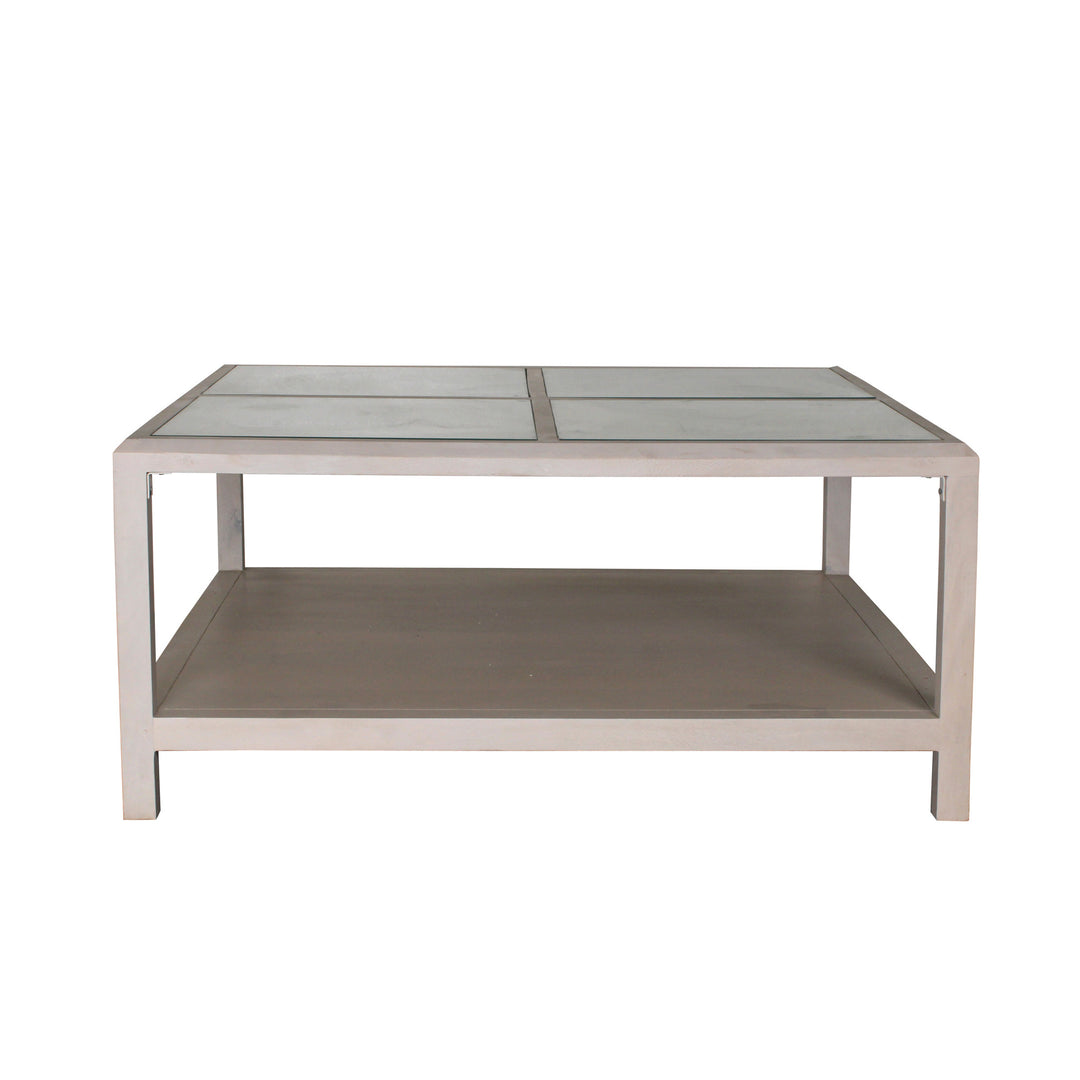 40-Inch Clear and White Glass and Solid Wood Square Coffee Table with Shelf