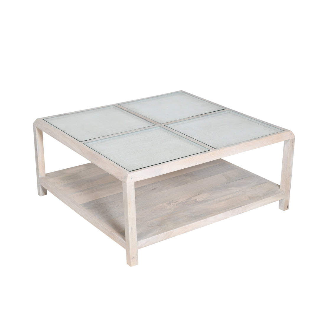 40-Inch Clear and White Glass and Solid Wood Square Coffee Table with Shelf