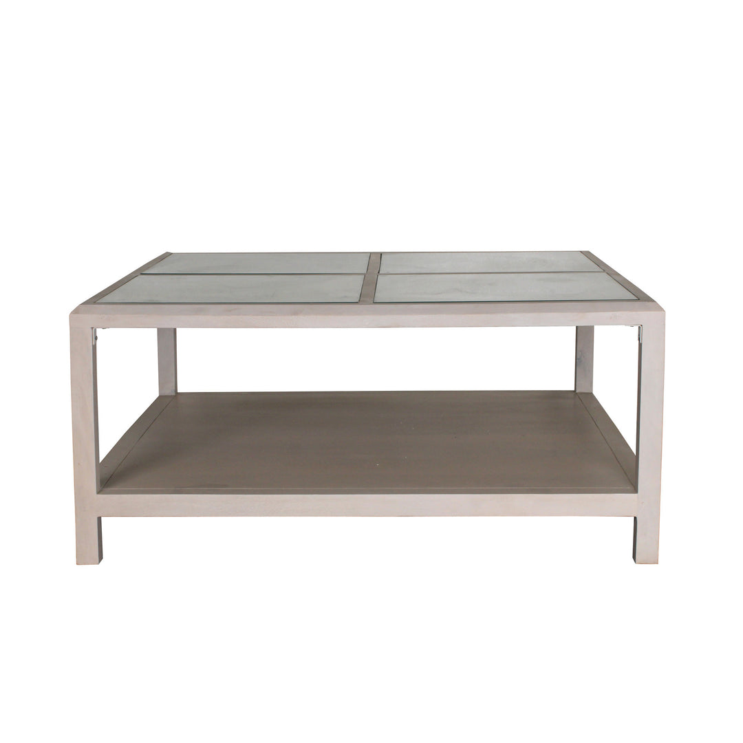 40-Inch Clear and White Glass and Solid Wood Square Coffee Table with Shelf