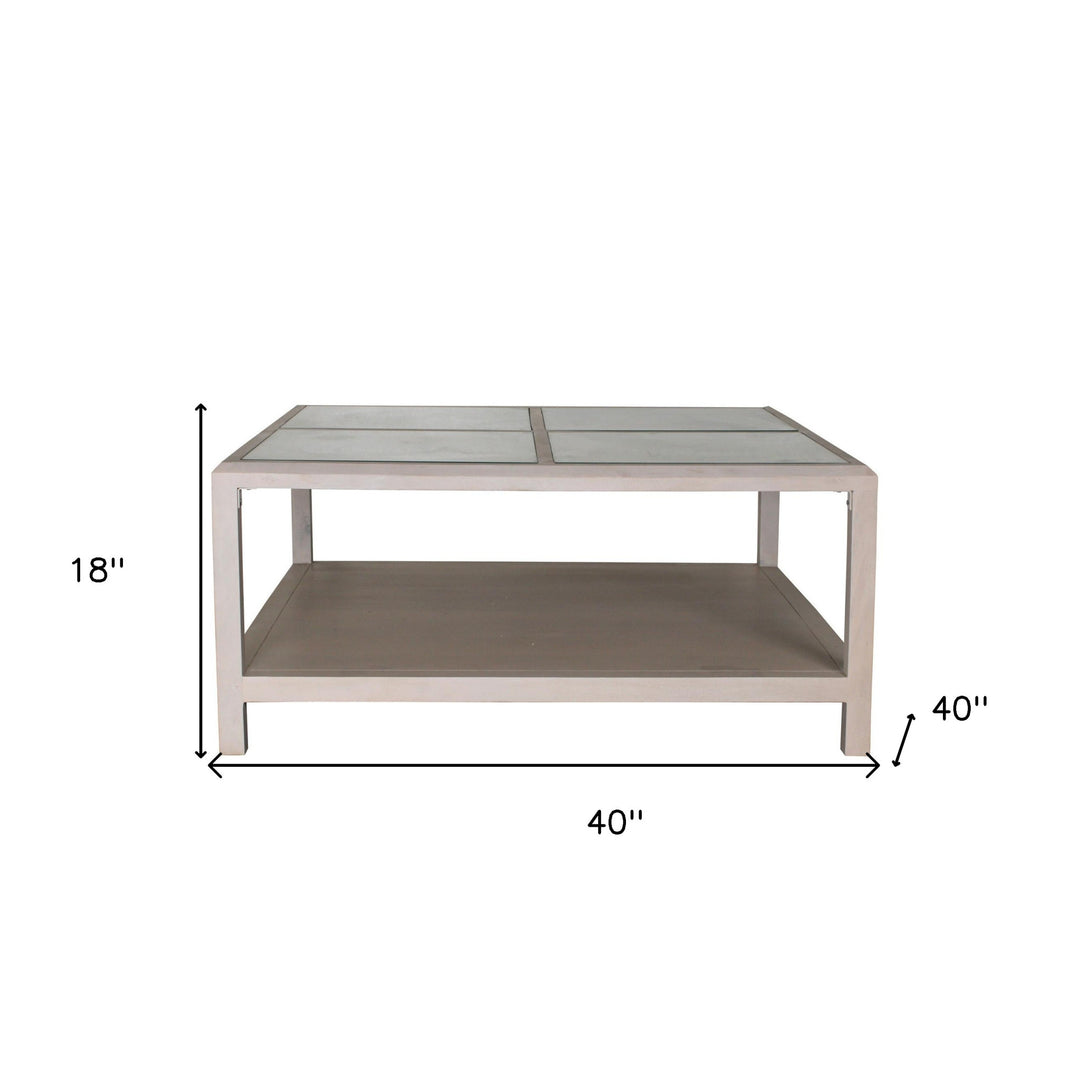 40-Inch Clear and White Glass and Solid Wood Square Coffee Table with Shelf