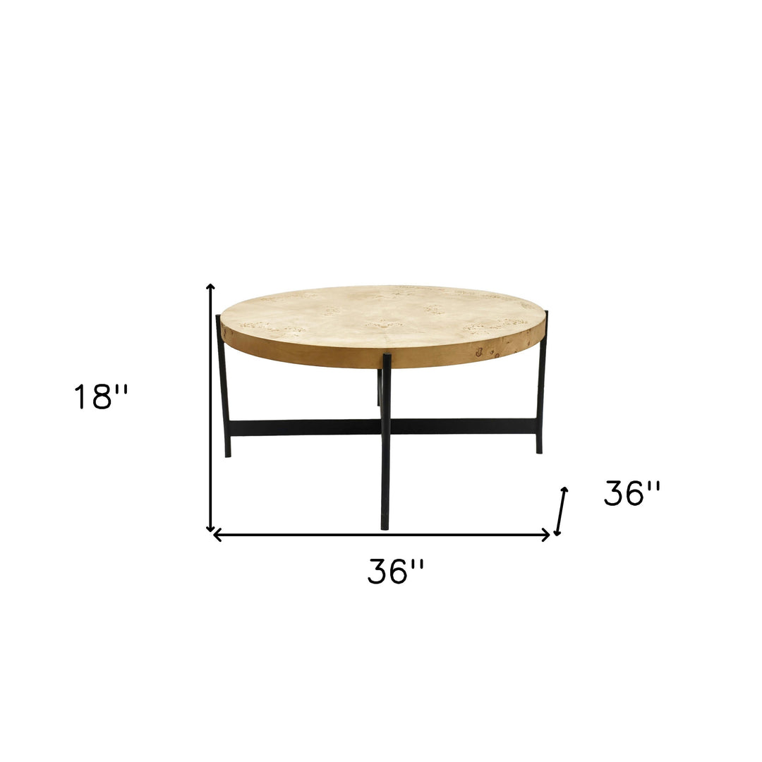 36" Natural And Black Wood and Iron Round Coffee Table