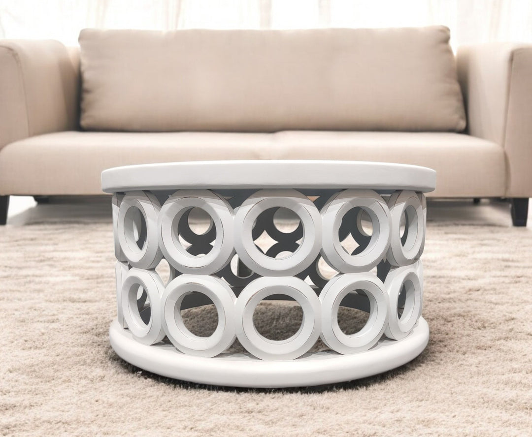 36" White Mango Wood Round Coffee Table