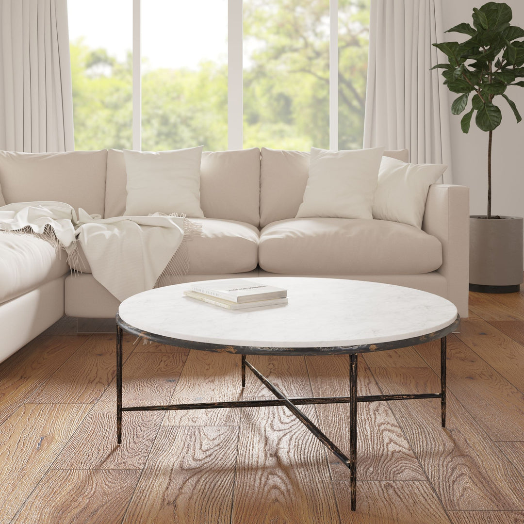 36-Inch White and Brown Marble Coffee Table with Aluminum Base