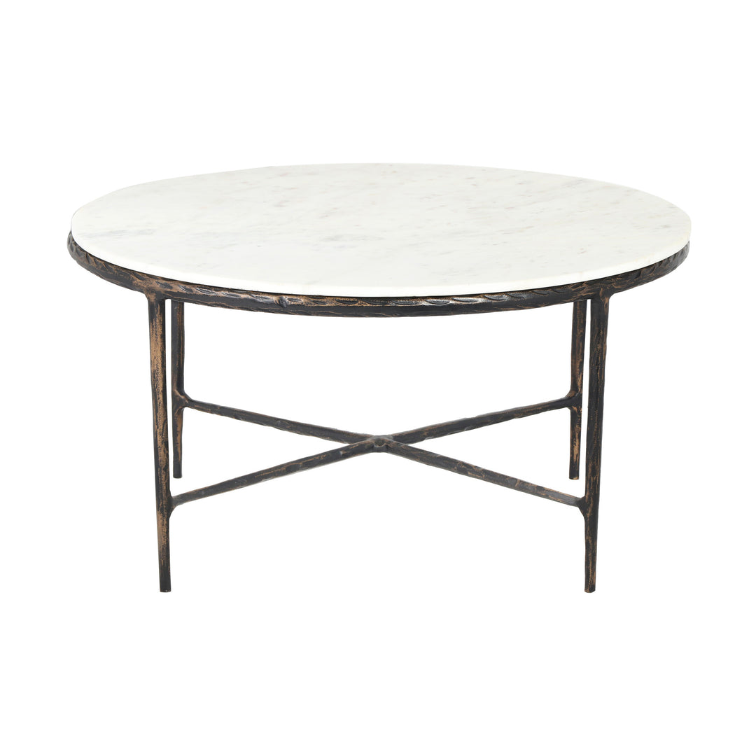 36-Inch White and Brown Marble Coffee Table with Aluminum Base