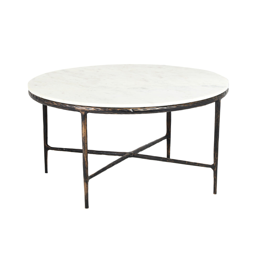 36-Inch White and Brown Marble Coffee Table with Aluminum Base