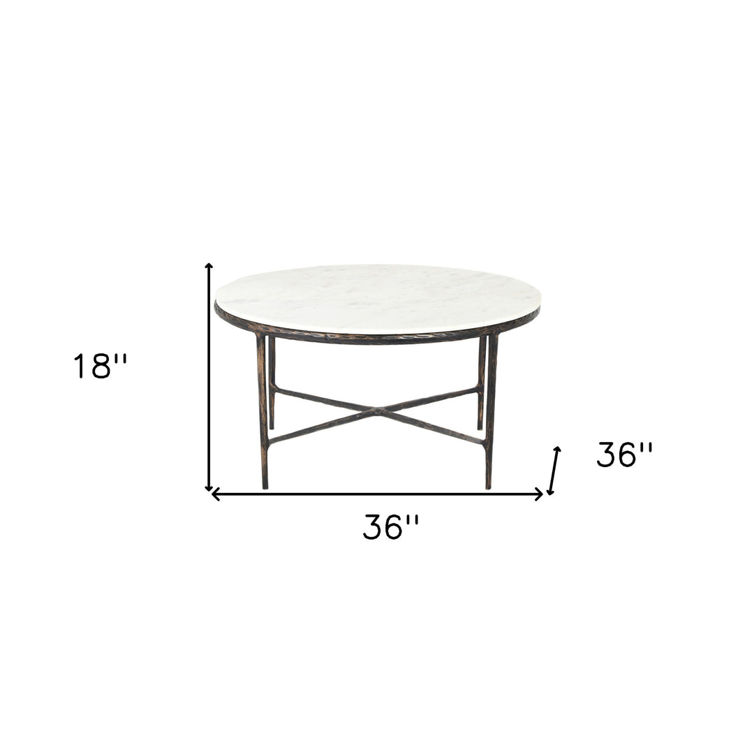 36-Inch White and Brown Marble Coffee Table with Aluminum Base