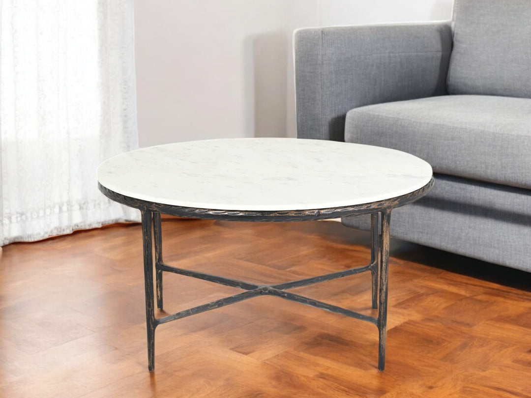 36-Inch White and Brown Marble Coffee Table with Aluminum Base