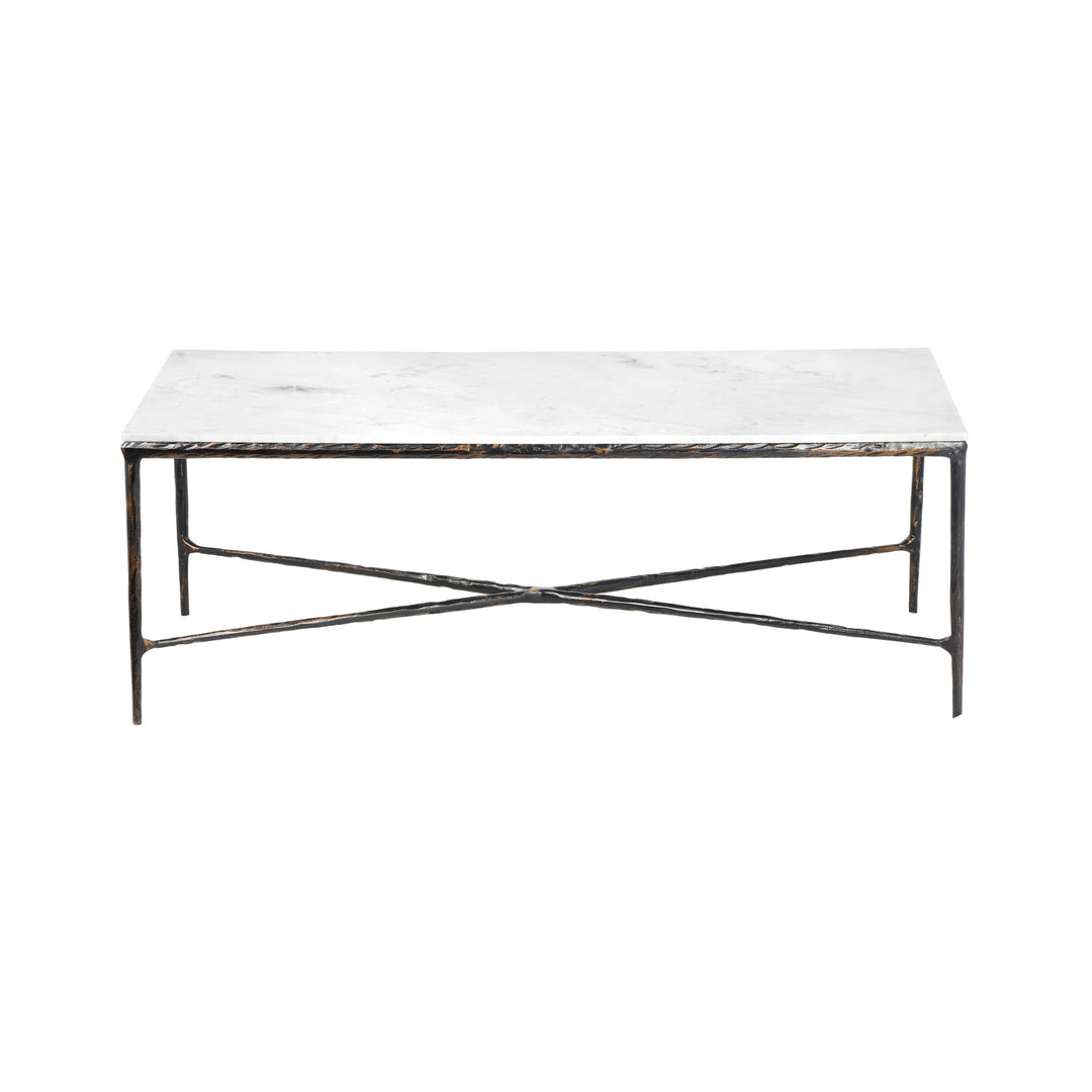 28-Inch White and Brown Genuine Marble Coffee Table with Distressed Aluminum Base