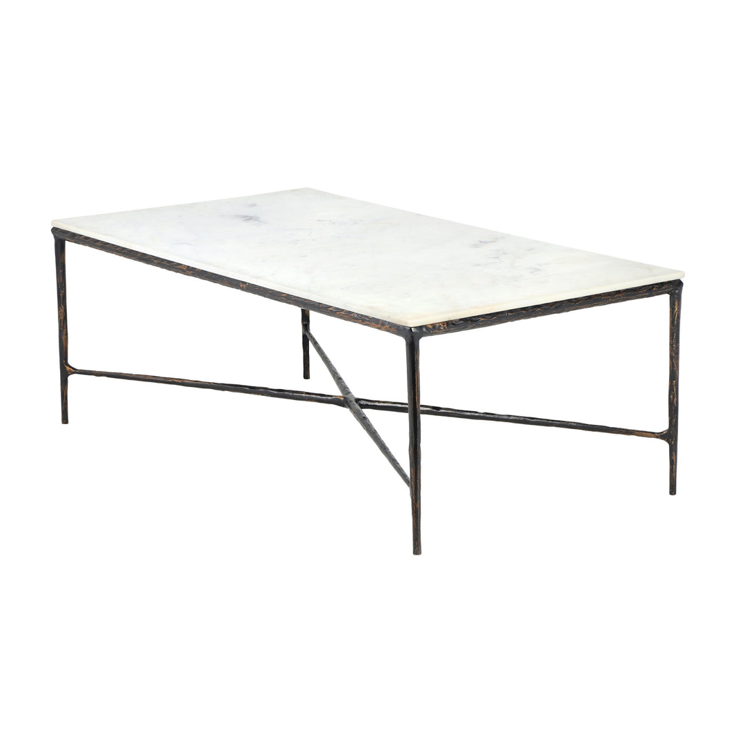 28-Inch White and Brown Genuine Marble Coffee Table with Distressed Aluminum Base