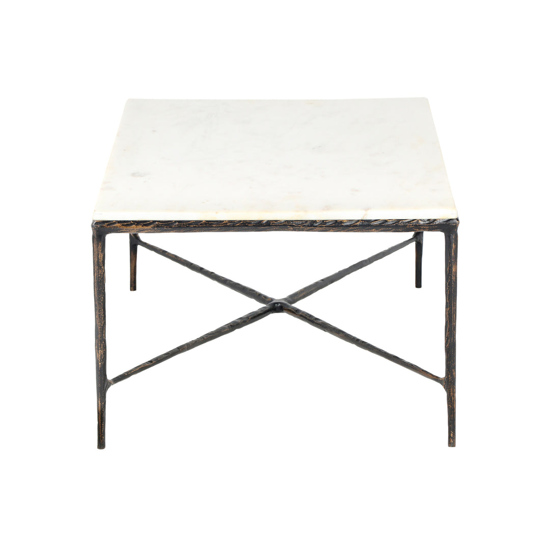 28-Inch White and Brown Genuine Marble Coffee Table with Distressed Aluminum Base