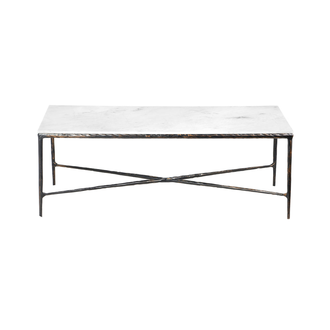 28-Inch White and Brown Genuine Marble Coffee Table with Distressed Aluminum Base