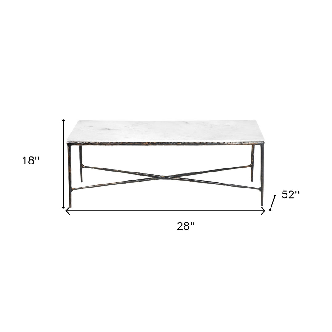 28-Inch White and Brown Genuine Marble Coffee Table with Distressed Aluminum Base