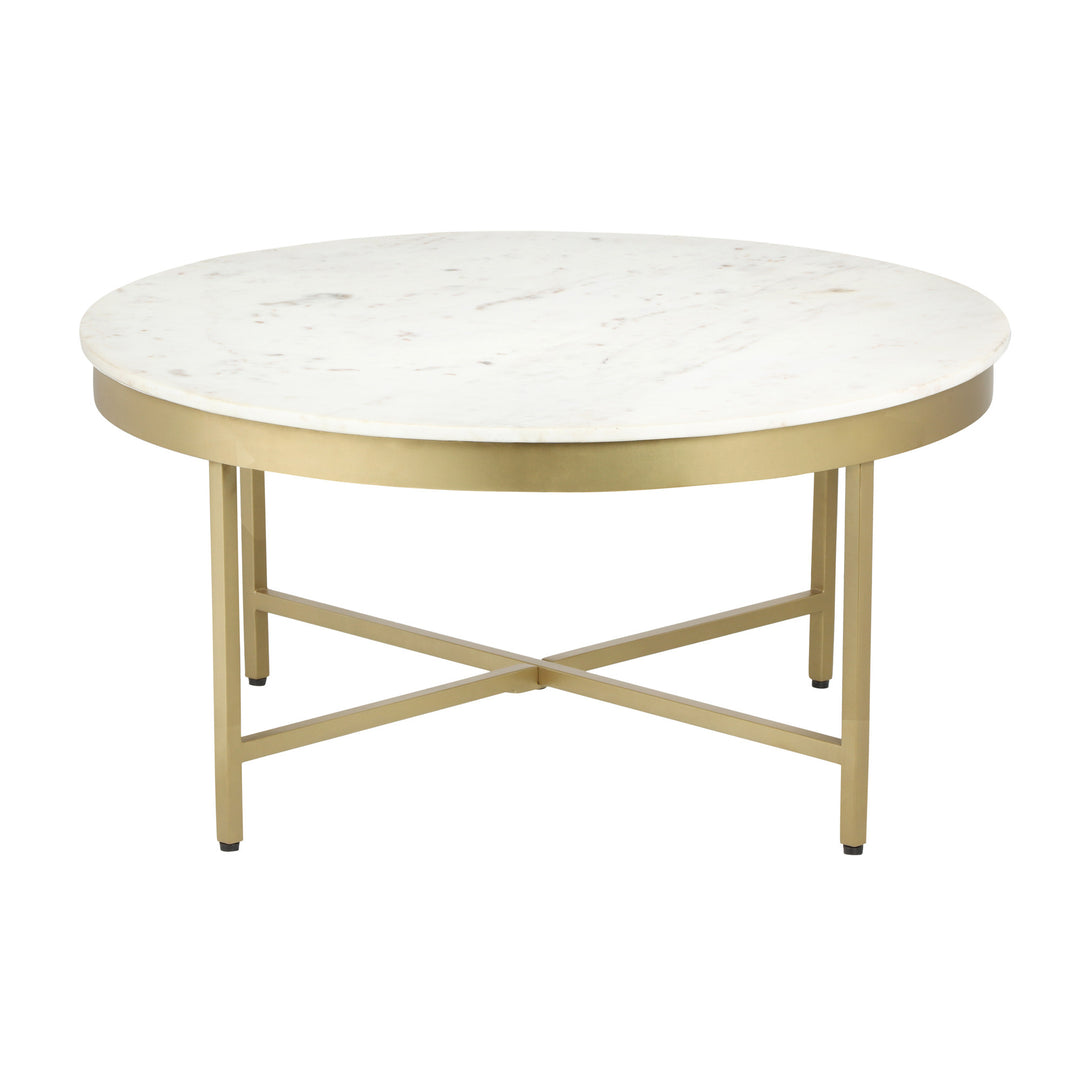 36" White And Gold Genuine Marble Round Coffee Table