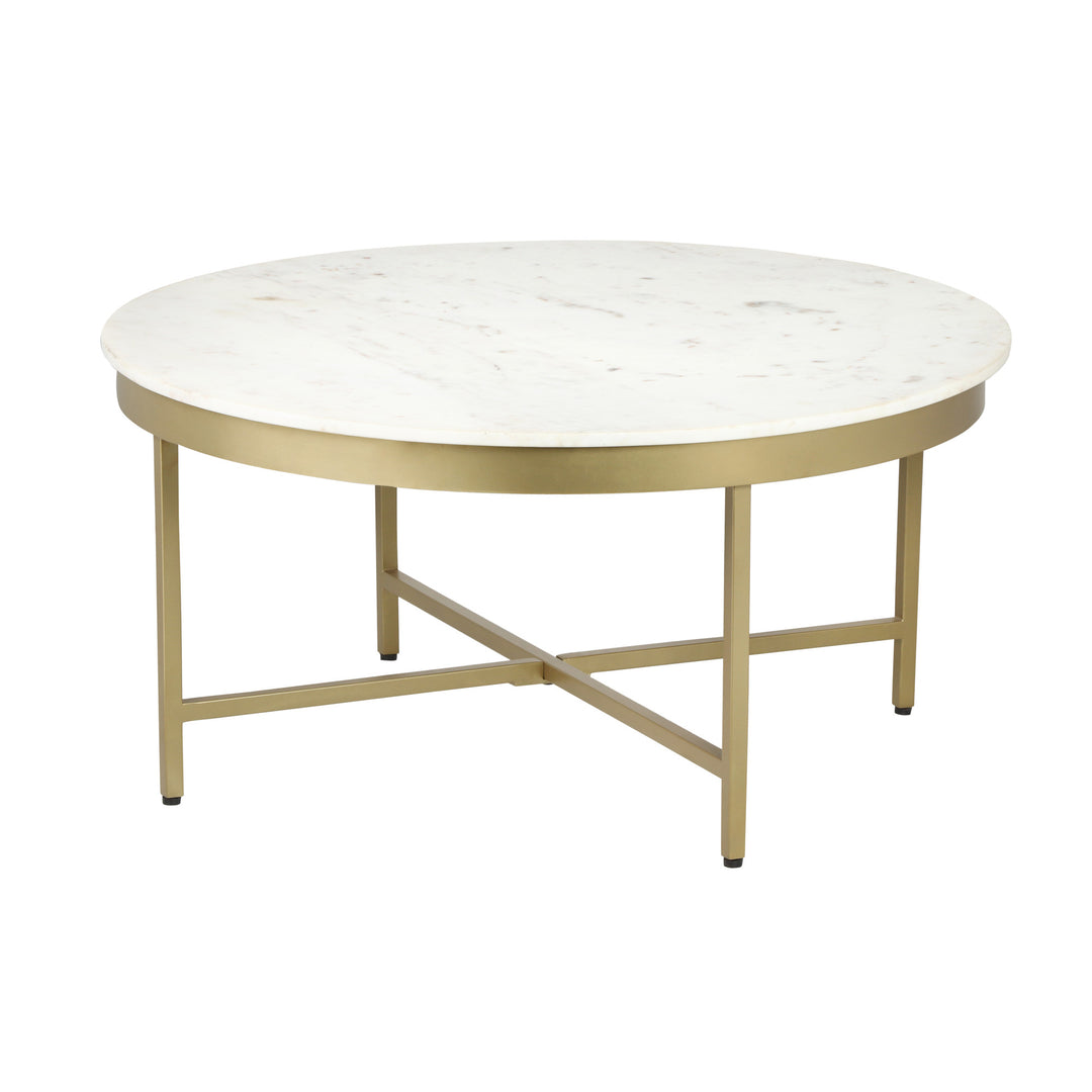 36" White And Gold Genuine Marble Round Coffee Table