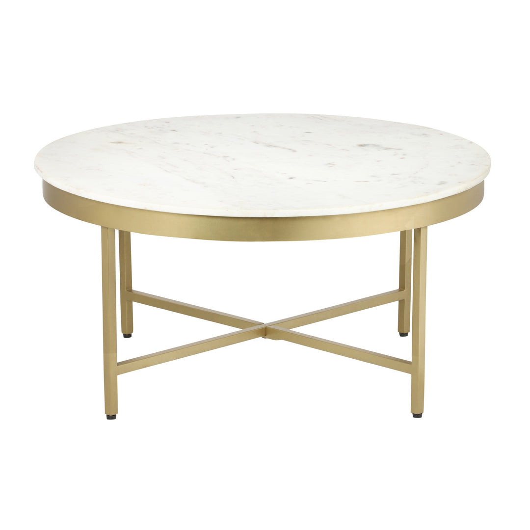 36" White And Gold Genuine Marble Round Coffee Table