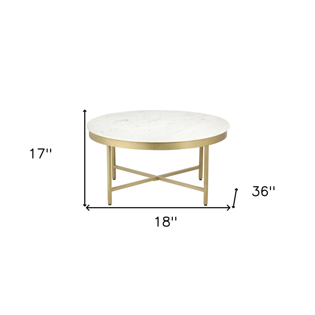 36" White And Gold Genuine Marble Round Coffee Table