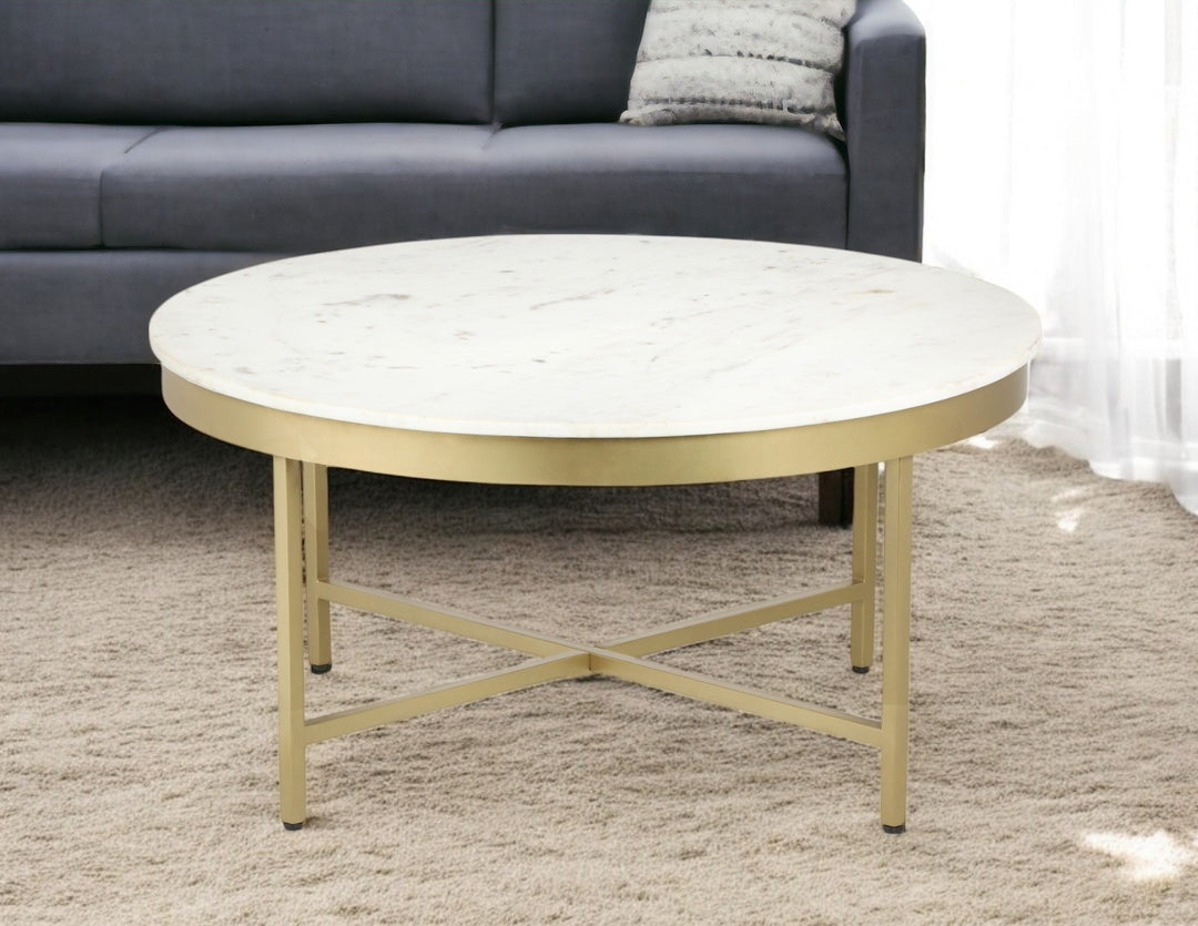 36" White And Gold Genuine Marble Round Coffee Table