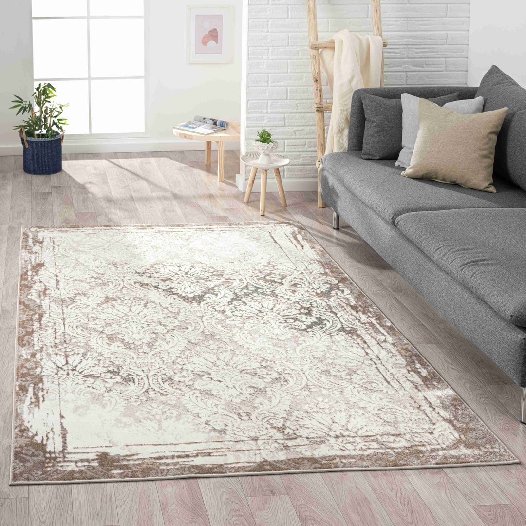 2' X 3' Beige and Ivory Damask Area Rug