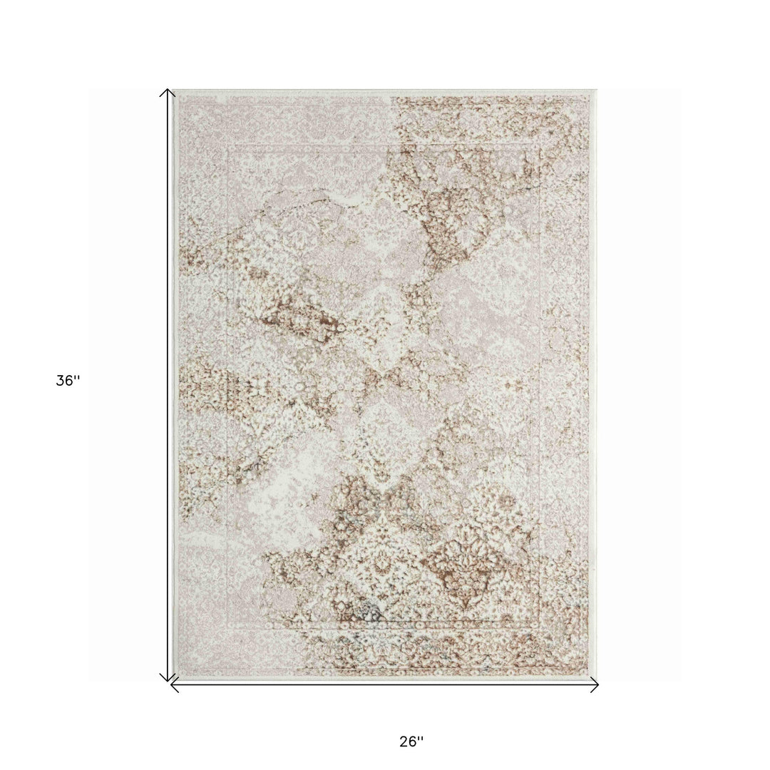 2' X 3' Beige and Ivory Damask Area Rug