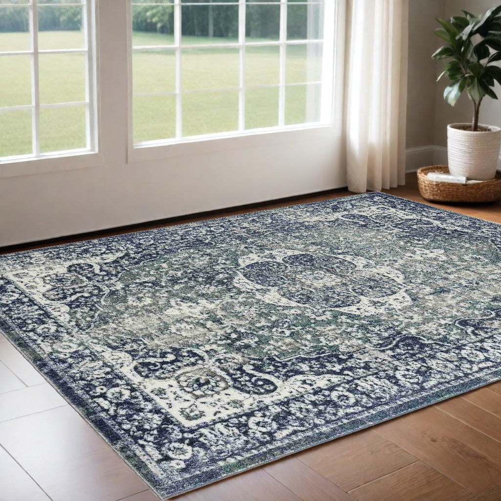 2' X 3' Blue and Ivory Floral Area Rug