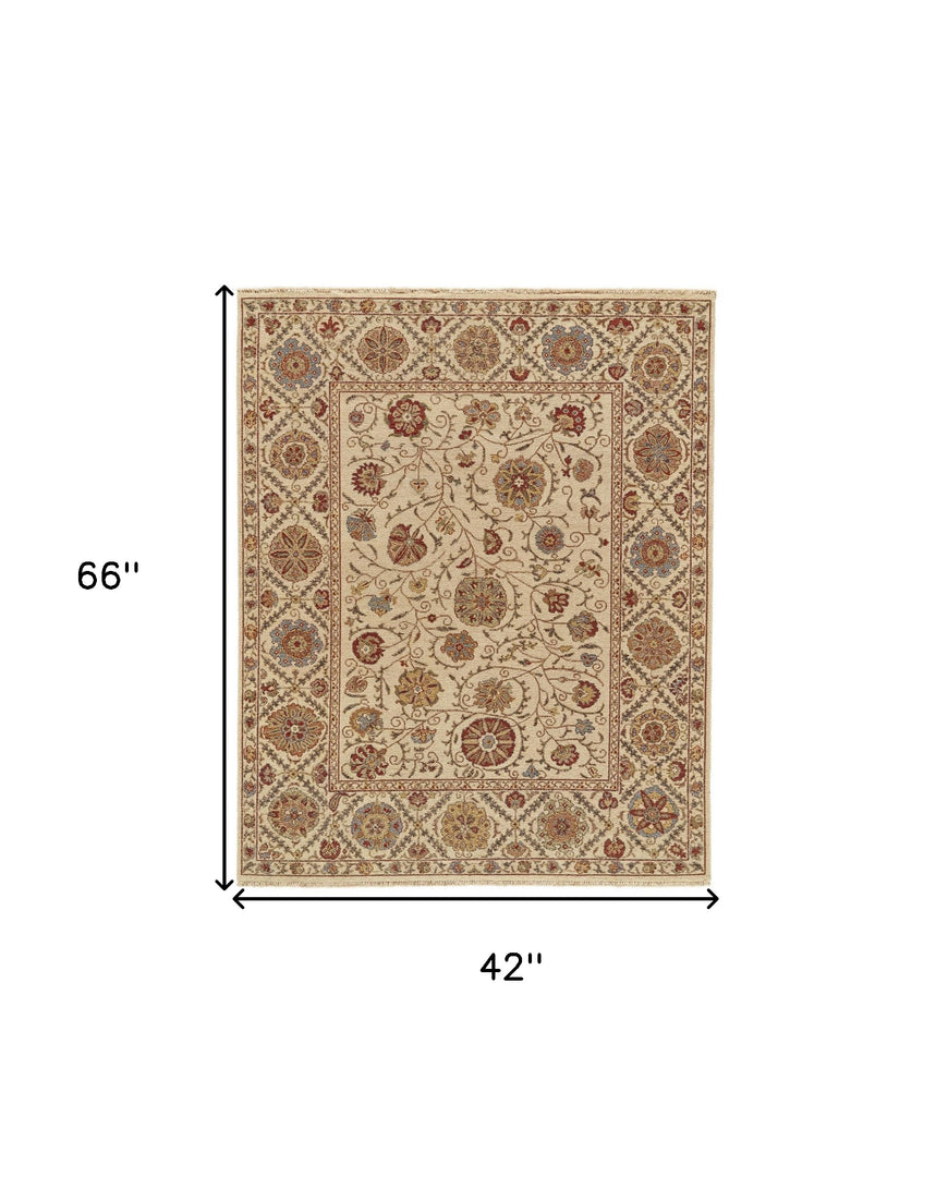 2' X 3' Tan and Red Wool Oriental Hand Knotted Area Rug