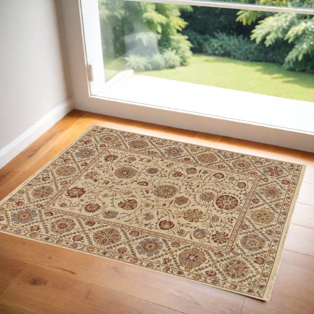 2' X 3' Tan and Red Wool Oriental Hand Knotted Area Rug