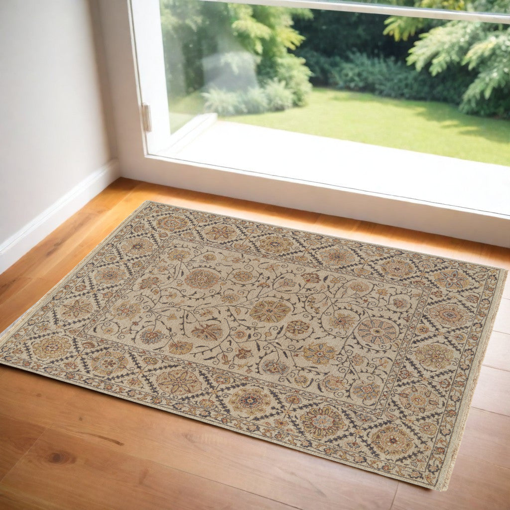 2' X 3' Tan and Red Wool Oriental Hand Knotted Area Rug