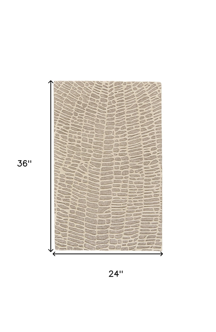 2' X 3' Tan and Ivory Wool Abstract Hand Tufted Area Rug