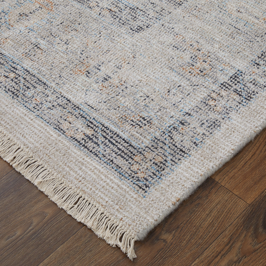 5' X 8' Ivory Blue and Orange Oriental Hand Woven Distressed Area Rug With Fringe