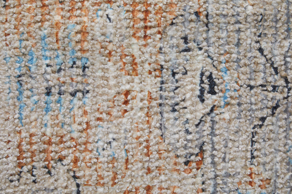 5' X 8' Ivory Blue and Orange Oriental Hand Woven Distressed Area Rug With Fringe