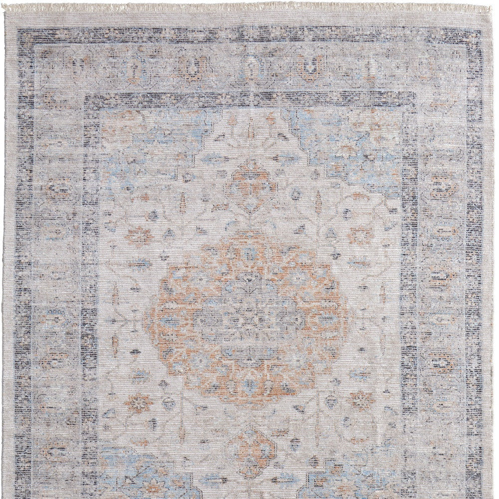 5' X 8' Ivory Blue and Orange Oriental Hand Woven Distressed Area Rug With Fringe