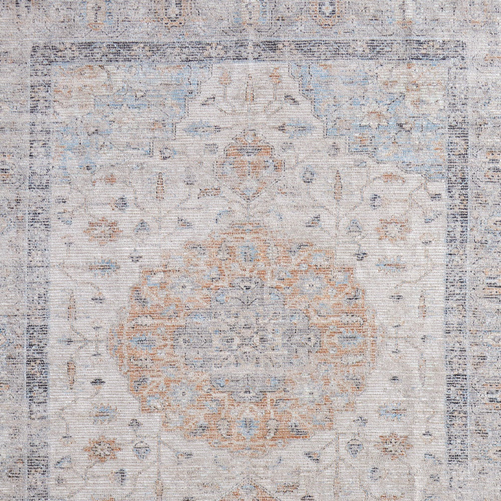 5' X 8' Ivory Blue and Orange Oriental Hand Woven Distressed Area Rug With Fringe