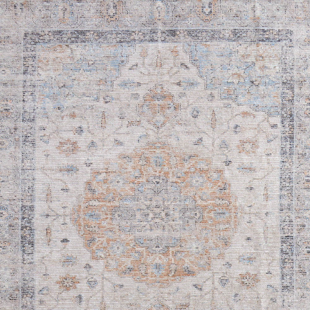 5' X 8' Ivory Blue and Orange Oriental Hand Woven Distressed Area Rug With Fringe