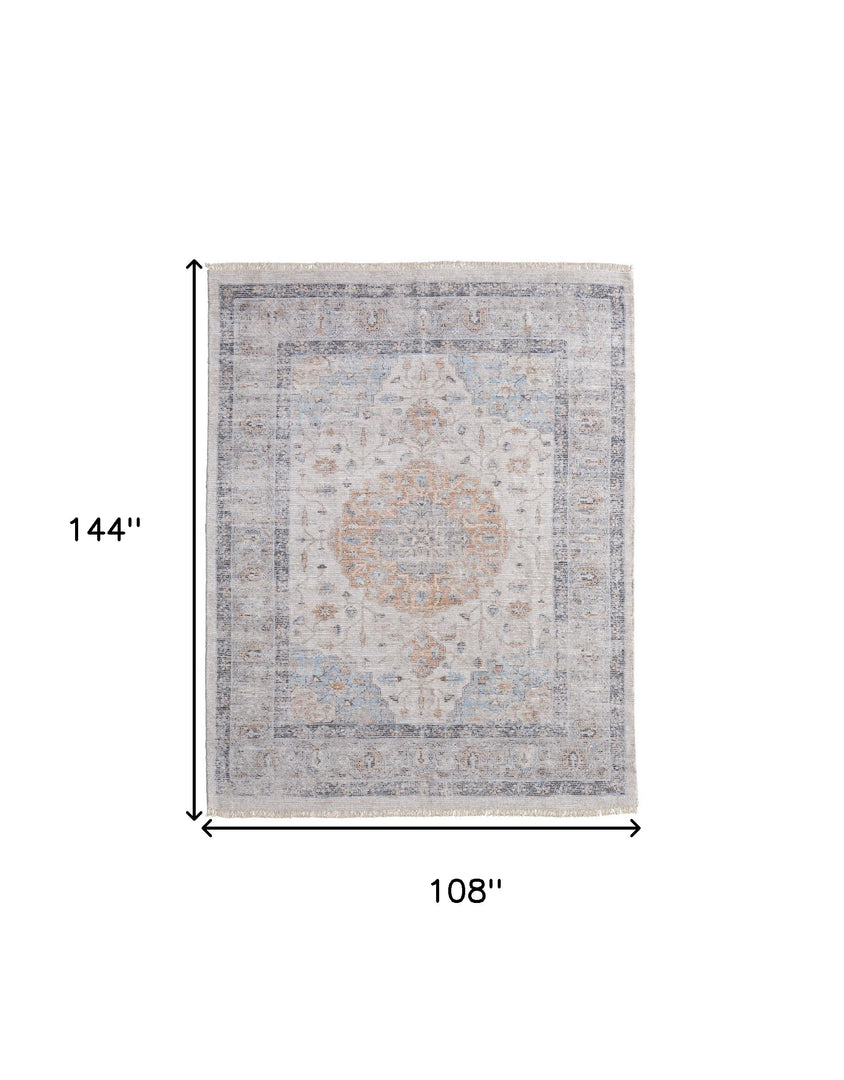 5' X 8' Ivory Blue and Orange Oriental Hand Woven Distressed Area Rug With Fringe