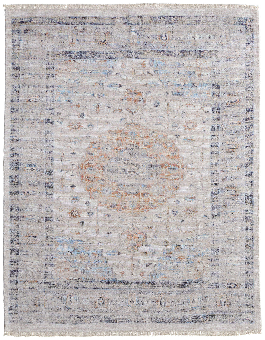 5' X 8' Ivory Blue and Orange Oriental Hand Woven Distressed Area Rug With Fringe