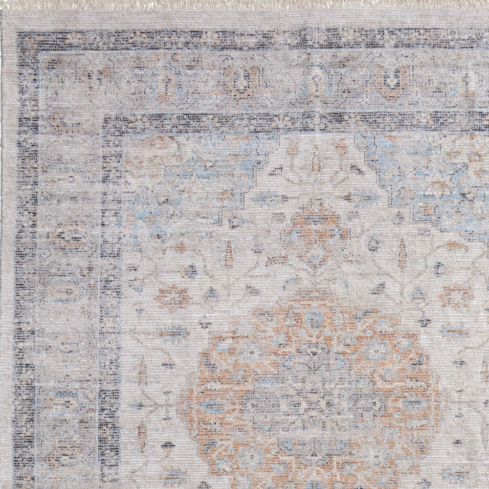 5' X 8' Ivory Blue and Orange Oriental Hand Woven Distressed Area Rug With Fringe