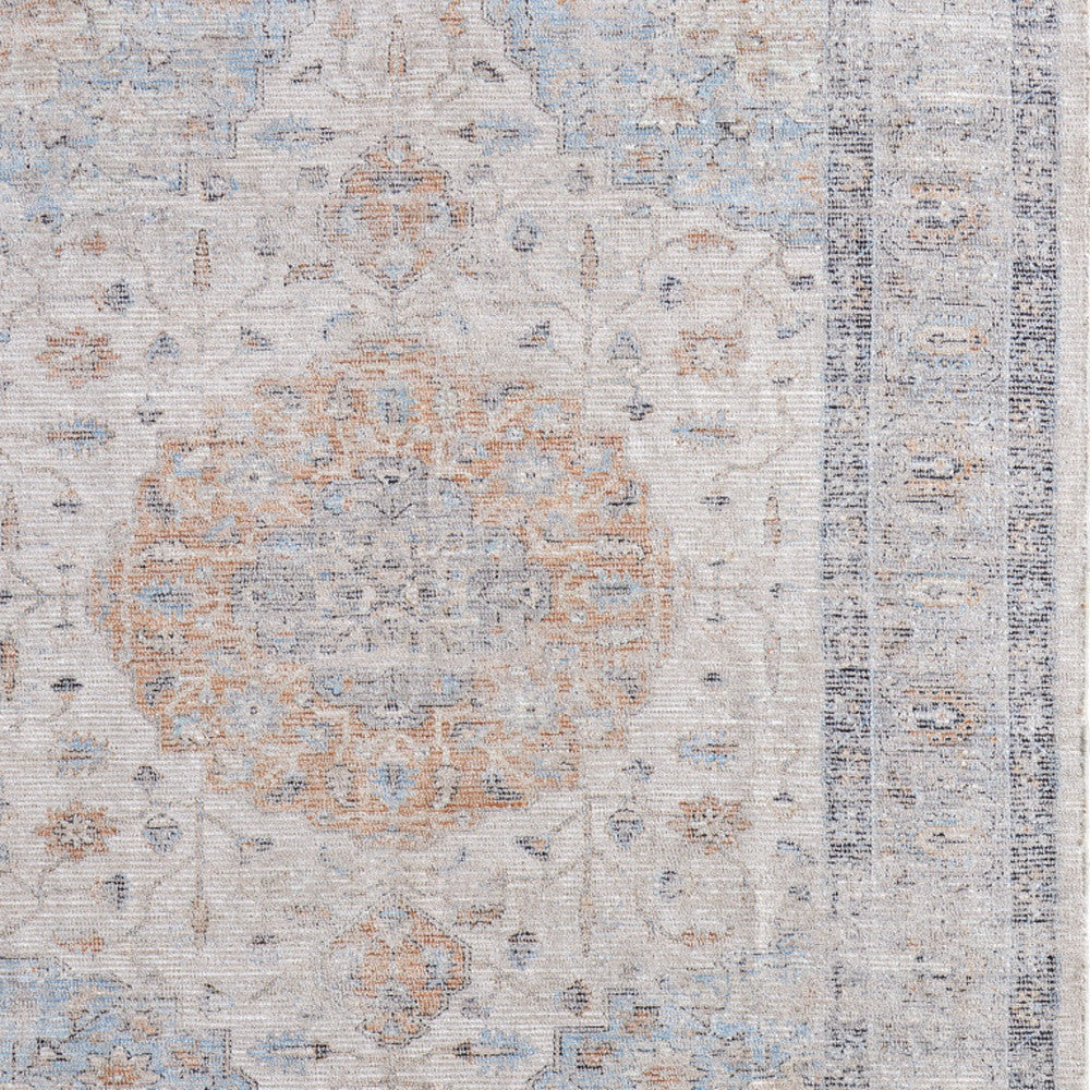 5' X 8' Ivory Blue and Orange Oriental Hand Woven Distressed Area Rug With Fringe