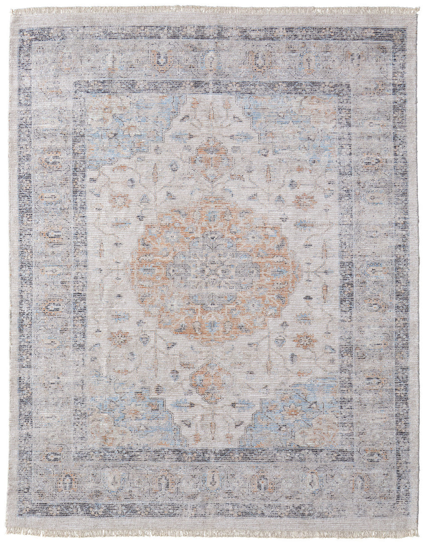 5' X 8' Ivory Blue and Orange Oriental Hand Woven Distressed Area Rug With Fringe