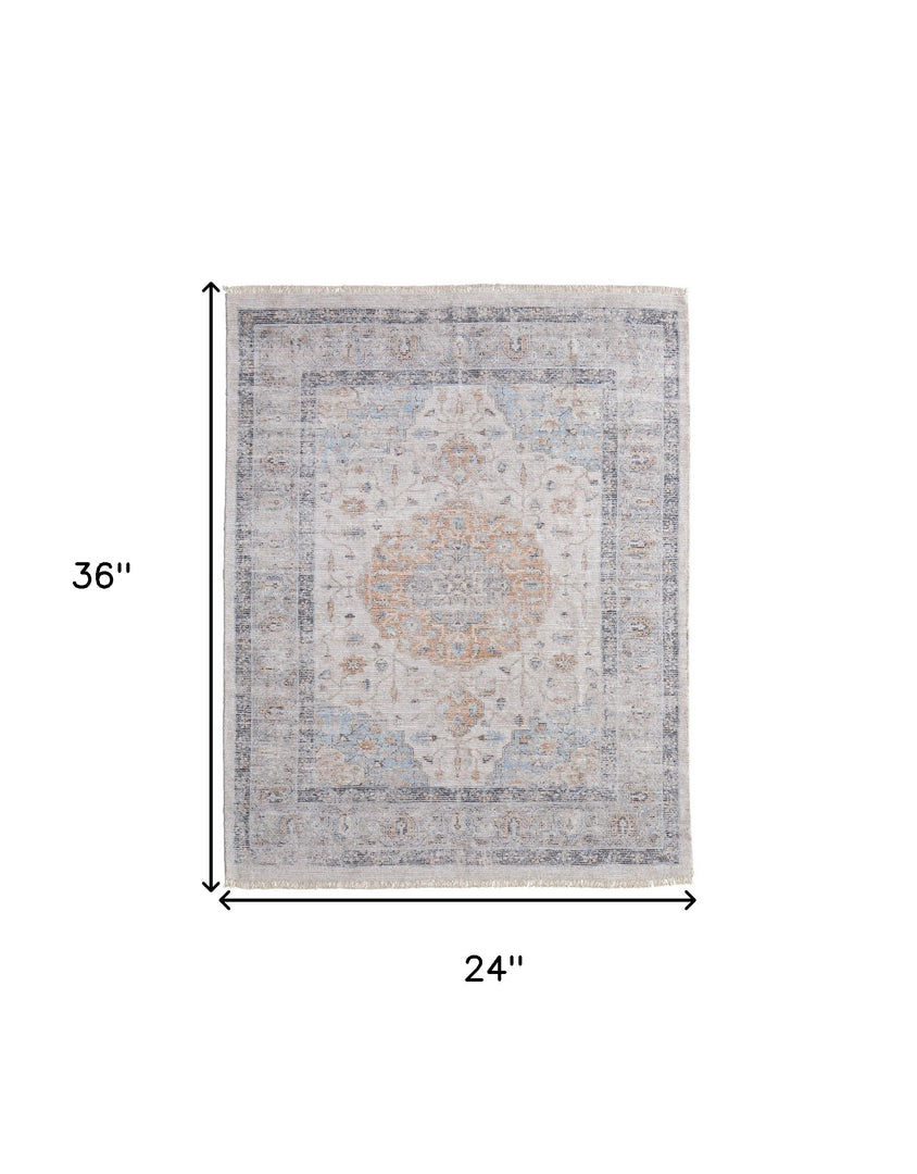 5' X 8' Ivory Blue and Orange Oriental Hand Woven Distressed Area Rug With Fringe