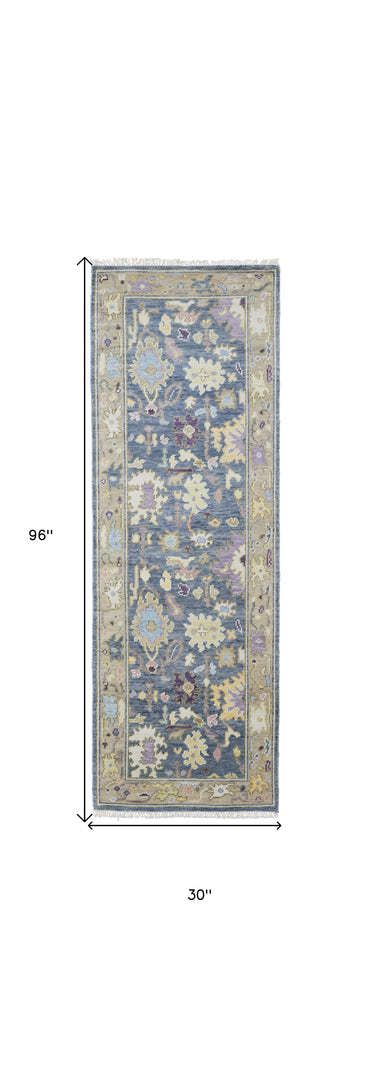 4' X 6' Gold Blue and Purple Wool Oriental Hand Knotted Area Rug With Fringe