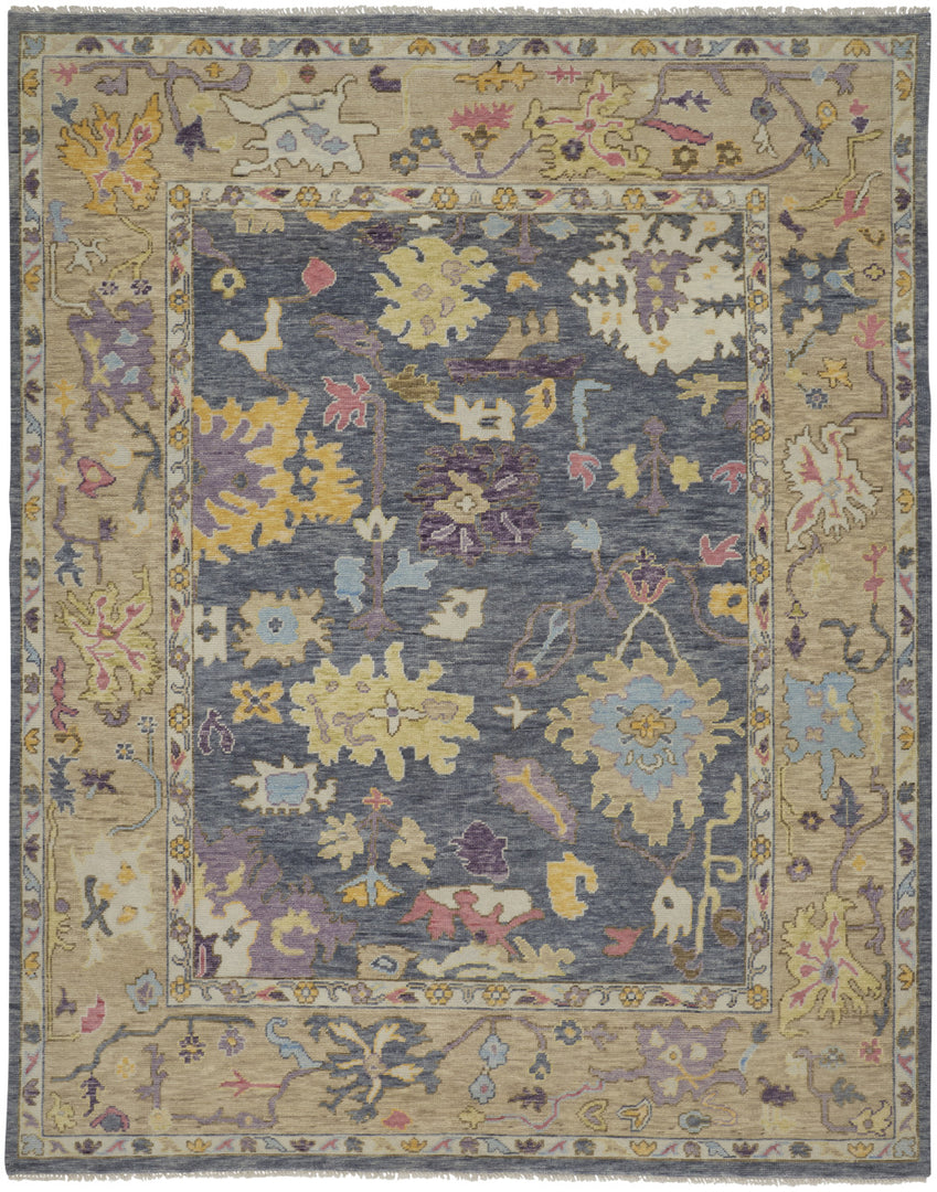 4' X 6' Gold Blue and Purple Wool Oriental Hand Knotted Area Rug With Fringe