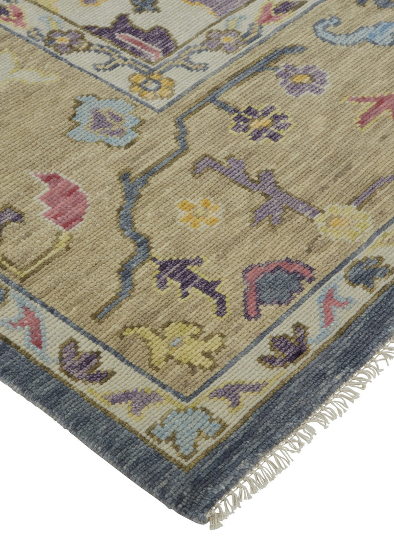 4' X 6' Gold Blue and Purple Wool Oriental Hand Knotted Area Rug With Fringe