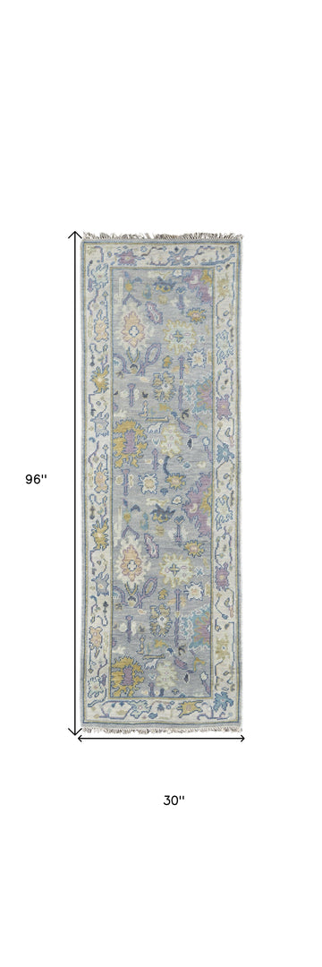 4' X 6' Gold Blue and Purple Wool Oriental Hand Knotted Area Rug With Fringe