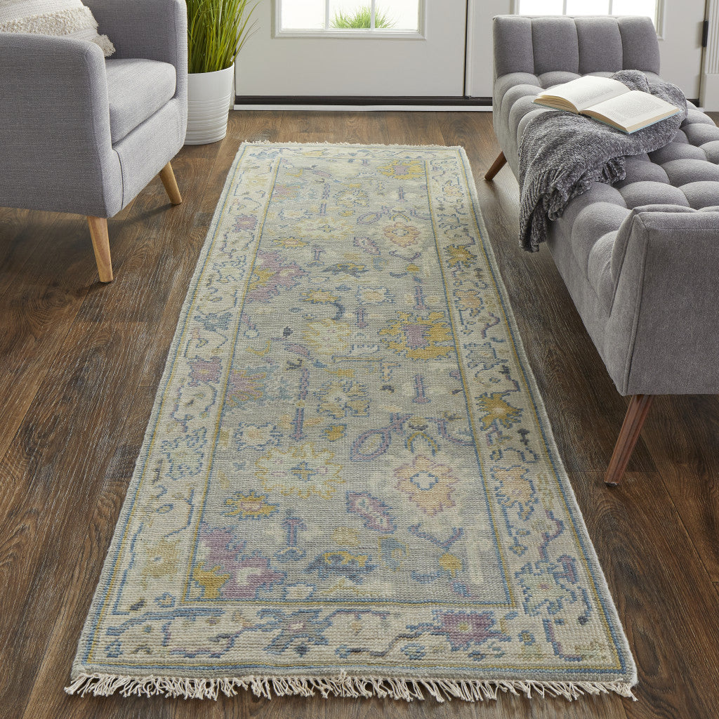 4' X 6' Gold Blue and Purple Wool Oriental Hand Knotted Area Rug With Fringe