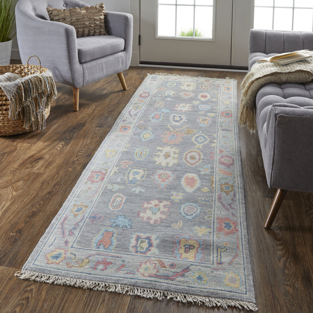 4' X 6' Gray Blue and Red Wool Oriental Hand Knotted Area Rug With Fringe