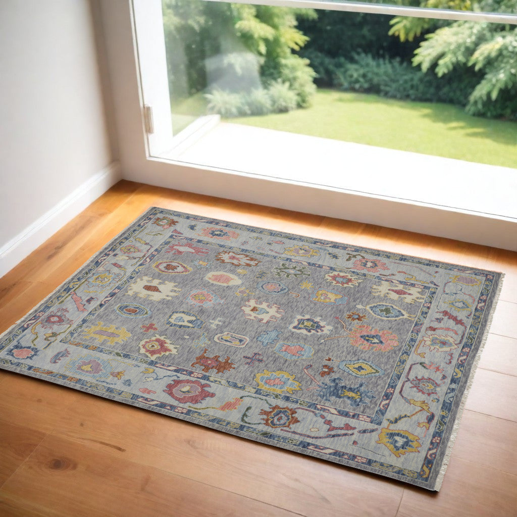 4' X 6' Gray Blue and Red Wool Oriental Hand Knotted Area Rug With Fringe