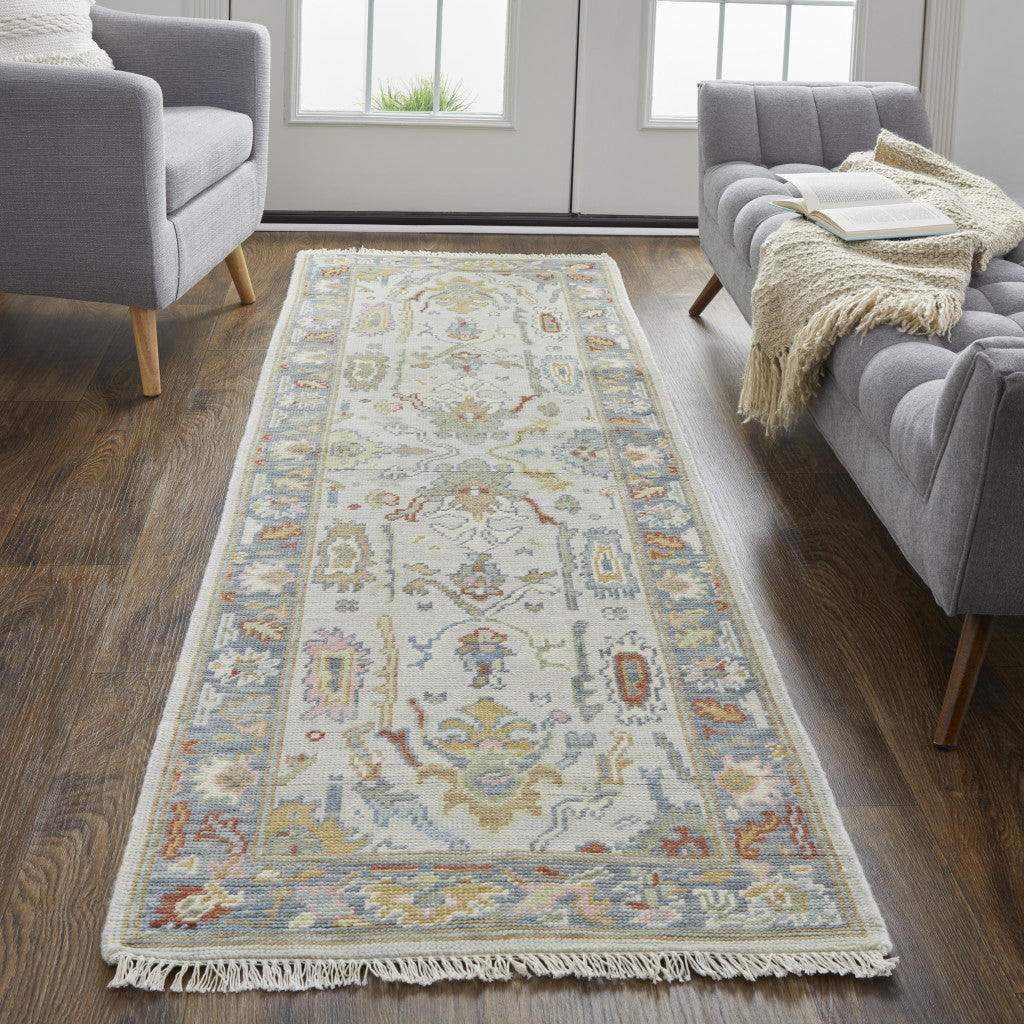 4' X 6' Gray Blue and Gold Wool Oriental Hand Knotted Area Rug With Fringe