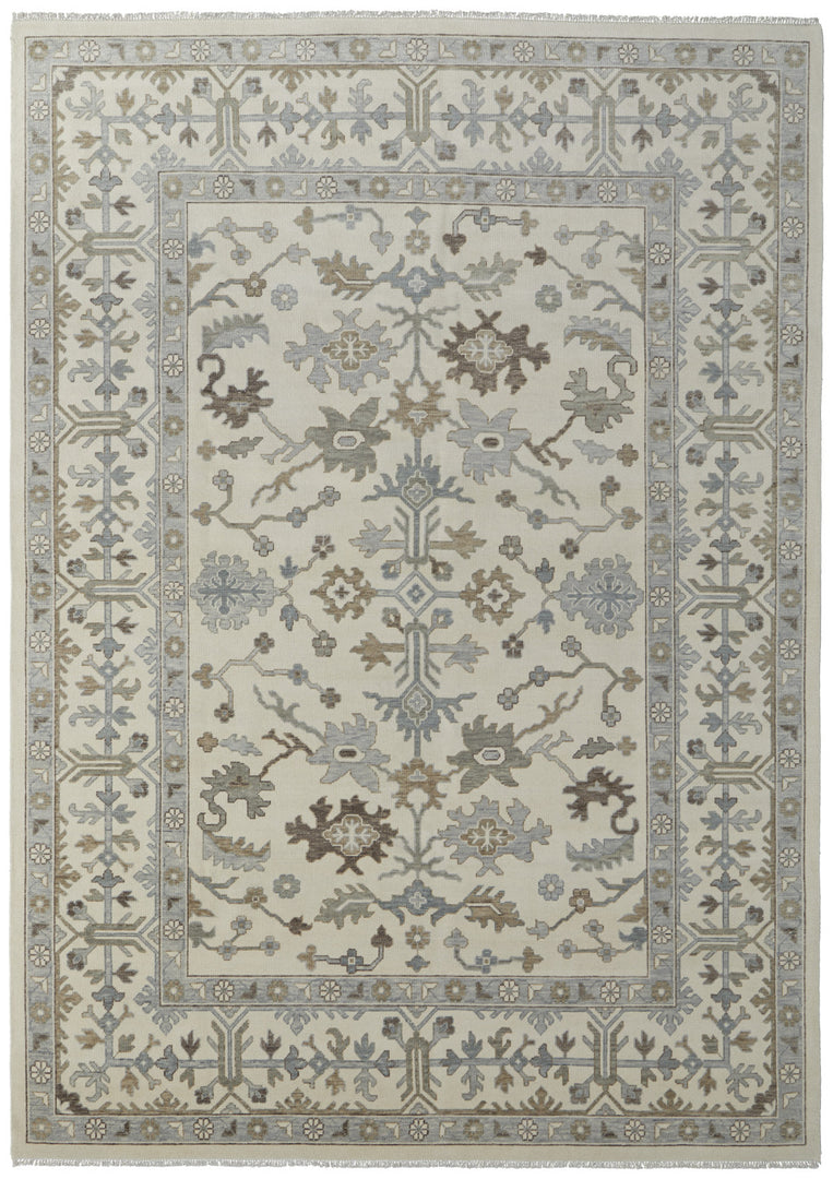 4' X 6' Ivory Gray and Brown Wool Floral Hand Knotted Area Rug With Fringe