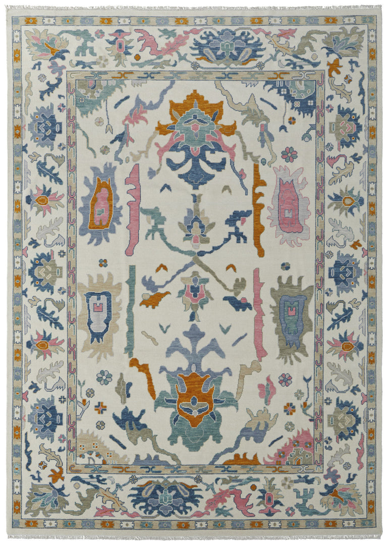 4' X 6' Blue Ivory and Pink Wool Floral Hand Knotted Area Rug With Fringe