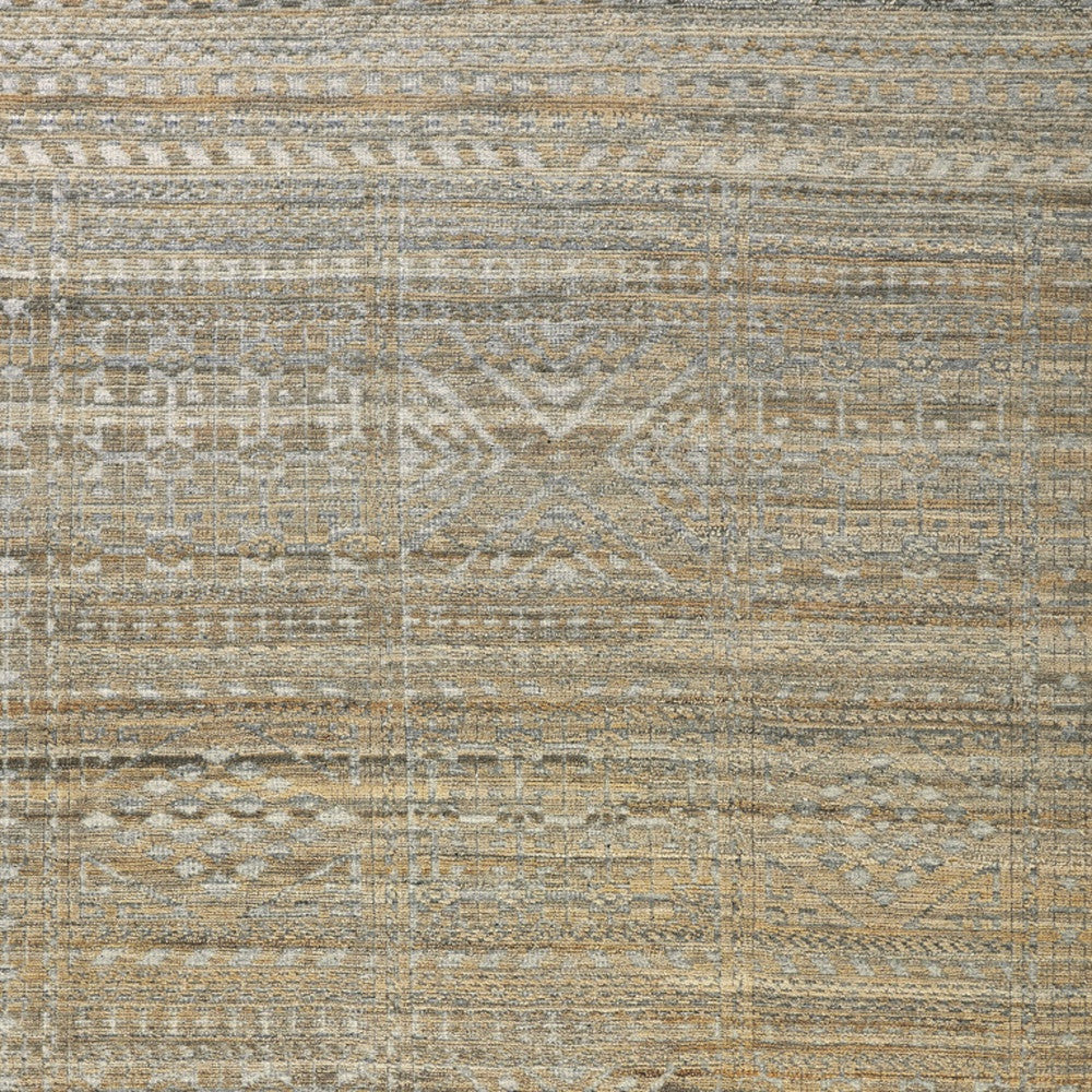 4' X 6' Gold and Tan Geometric Hand Knotted Worn Faded Area Rug